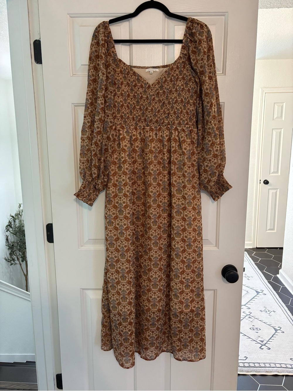 Smocked Bodice Brown Floral Maxi Dress